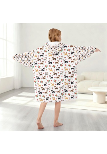Corgi Desenli Çocuk Giyilebilir Battaniye Hoodie, 6-13 Yaş, Kalın-a2 Corgi Floral White