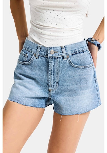 Itsbasic Kadın Mavi 4s6-4 Mini Mom %100 Koton Denim Şort