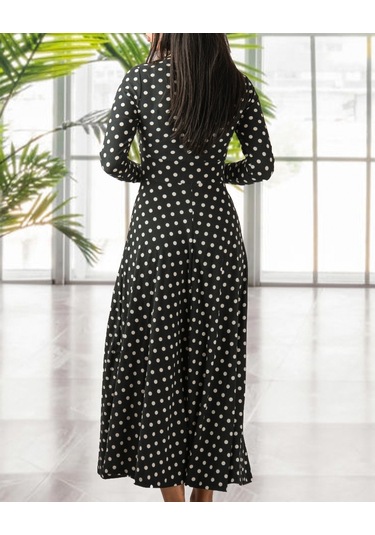 Kadın Krep Kumaş Uzun Kollu Tam Boy Puantiyeli Elbise 132 Cm Siyah