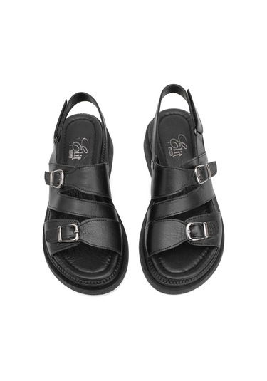 Elit Vesta Kadın Hakiki Deri Düz Sandalet Siyah Siyah