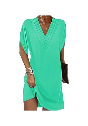 Kadın Elbise V Yaka Pilili Yarım Yarasa Kollu Düz Renk Gevşek Yumuşak Nefes İşe Gidip Diz Üstü Mini Elbise Yeşil