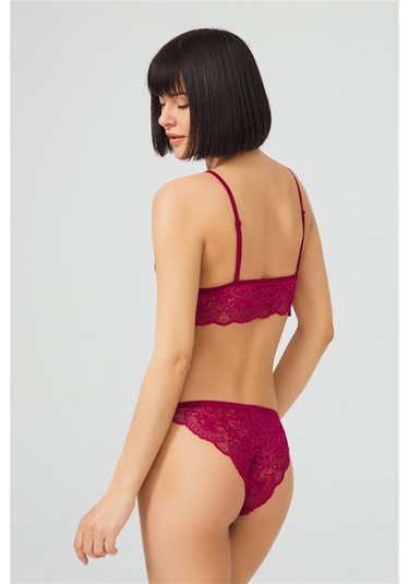 Vişne Dantelli Transparan Balensiz Kadın Sütyen Takımı Vişne