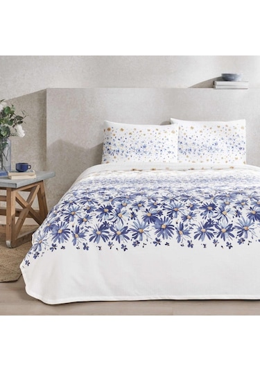 Taç Baskılı Flora Tek Kişilik Pike Takımı Mavi