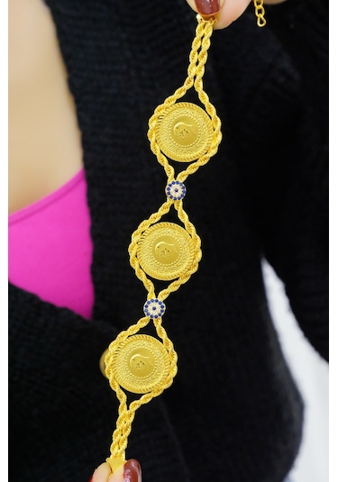 Üçlü çeyrekli halat bileklik Sarı Altın