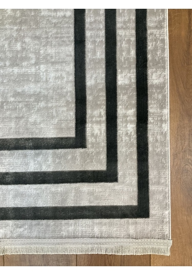 Saraz Halı Çerçeve Model Bambu Yıkanabilir Parlak Halı Gri Çizgi Gri-gri
