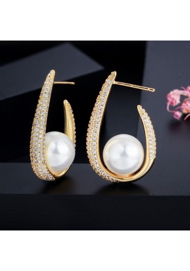 Novahub Altın Rengi Beyaz Kübik Zirkonya U Şekli Küpe Beyaz Kadın Küpe Beyaz