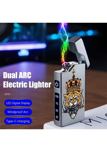 Trendooze Moda Çift Ark Kaplan Desenli Rüzgar Geçirmez Gaojunshop01 Gri Taçlı Usb Şarjlı Çift Ark Çakmak Gri Gri