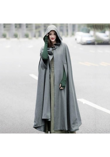 Novahub Gri Sonbahar Kış Gotik Trendy Maxi Kapşonlu Yün Pelerin Hırka Ceket Maxi Kaşmir Hoodie Uzun Pelerin Kostüm Cosplay Giyim Gri - S Gri