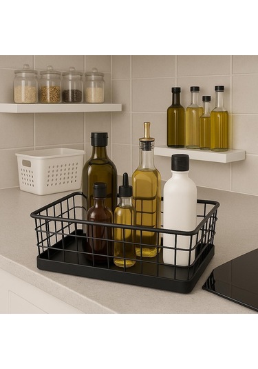 Okyanus Home Dikdörtgen Siyah Metal Organizer Sepet Midi 16x26 Cm Siyah