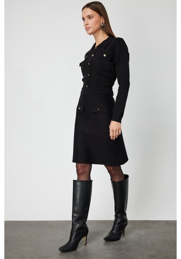 On Kadın Cep Detaylı Diz Üstü Triko Etek 69508 Siyah Siyah