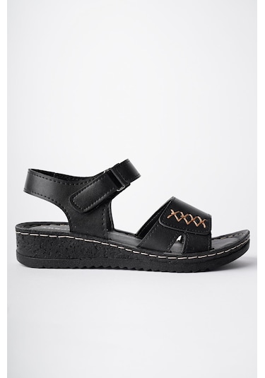 Muggo Salva Garantili Ortopedik Rahat Kalıp Deri Görünümlü Cırtlı Tek Bant Kadın Sandalet Siyah