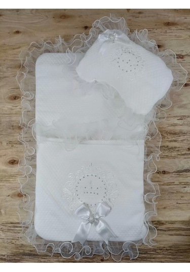 Yenidoğan Bal Peteği Taç Nakışlı Kundaklı Trilüks 3lü Alt Açma Seti Ekru Ekru