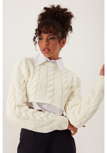 Quhox Kadın Triko Crop Sweatshirt Krem
