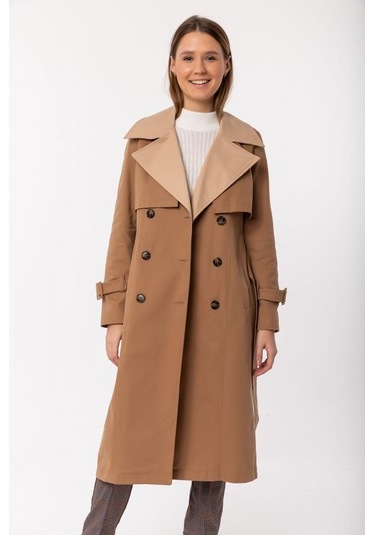 Pastelastore Pamuk Gabardin Uzun Çift Renk Garnili Kadın Trençkot 1114 Koyu Bej
