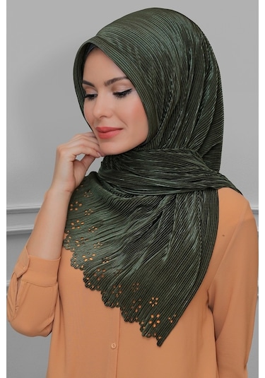 Haki Pratik Hazır Geçmeli Tesettür Eşarp Fukuro Piliseli Çiçek De (545491362) Haki