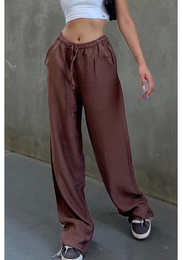 Pembe Keten Karışımlı Bol Kesim Pantolon Kahverengi