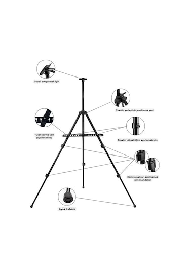Katlanabilir Metal Tripod Şövale - Ayarlanabilir, Taşıma Çantalı, Siyah