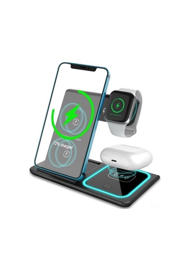 Üçlü Kollapsible Kablosuz Şarj Aleti: Telefon, Saat, Kulaklık İçin Çift Bobin, Dikey/yatay Konum, Led Işık, X455 Siyah