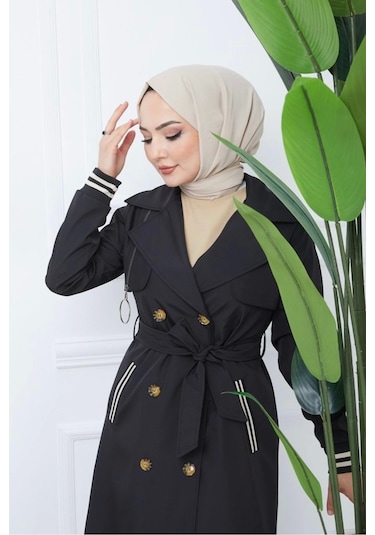 Bondit Kumaş Ribanalı Uzun Boy Trençkot / Siyah - M0110 Siyah
