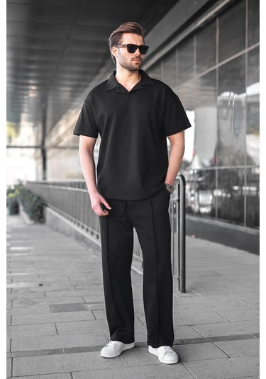 Madmext Siyah Polo Yaka Erkek Alt Üst Takım E7356 Siyah