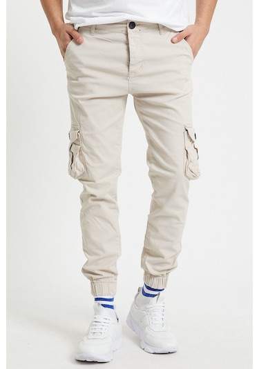 Slim Fit Körüklü Cep Paça Lastikli Esnek Kumaş Erkek Kargo Pantolon Bej
