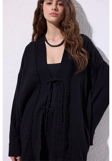 Müslin Geniş Kollu Kimono Siyah Siyah