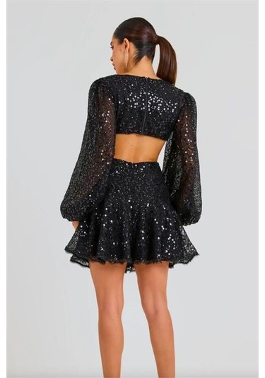 Kadın İthal Payet Kumaş Toka Detaylı Abiye Elbise Dpnbemp2584 Siyah