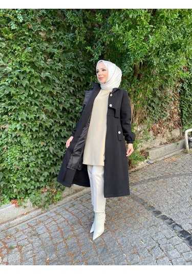 Ara Boy Önü Düğmeli İthal Kaşe Kaban / M0111 - Siyah Siyah