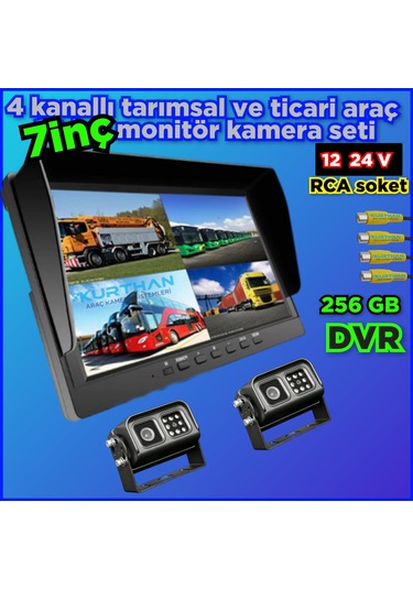 2 Adet Metal Kasa Ledli Kamera Ve 7 İnç Dvr Monitör Seti 12 - 24 V 256 Gb