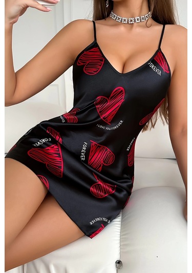 Hello Papana Hello Papana Büyük Kırmızı Kalp Desenli Siyah Saten Gecelik Çok Renkli