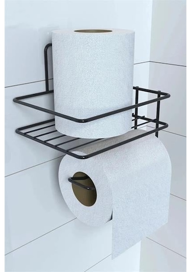 Petinka Tuvalet Kağıdı Tutacağı Siyah Modern Metal Tasarım Yapışkanlı Yedek Raf