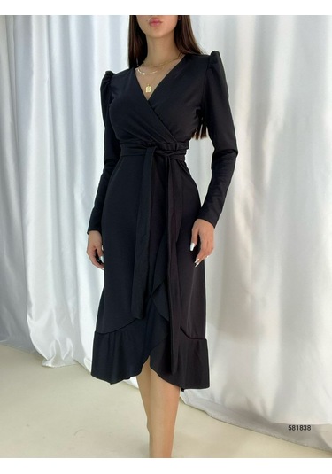 Hazego Krep Kumaş Midi Boy Kuşaklı Uzunkol Elbise 113 Cm Siyah