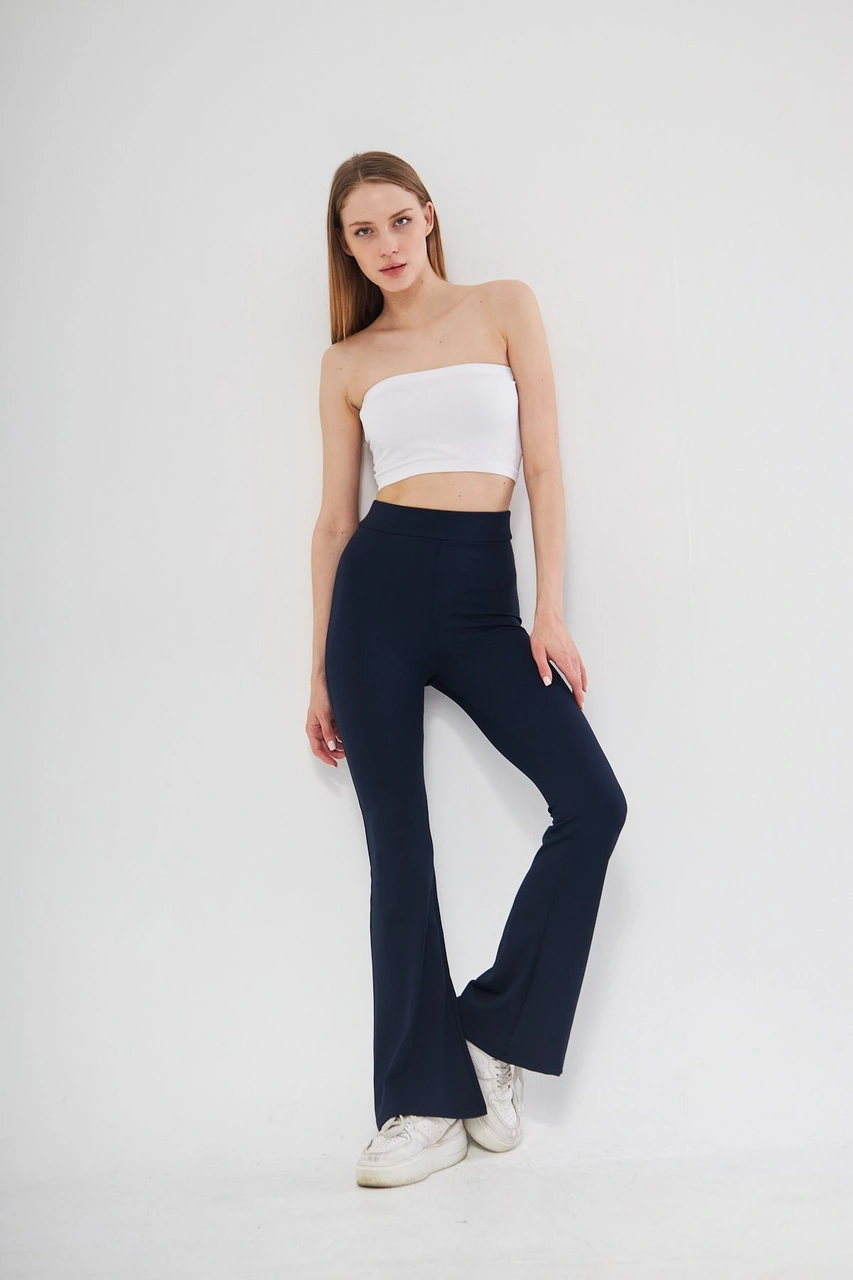 Siyah Yüksek Bel Fitilli Ispanyol Paça Interlok Örme Kadın Tayt Lacivert