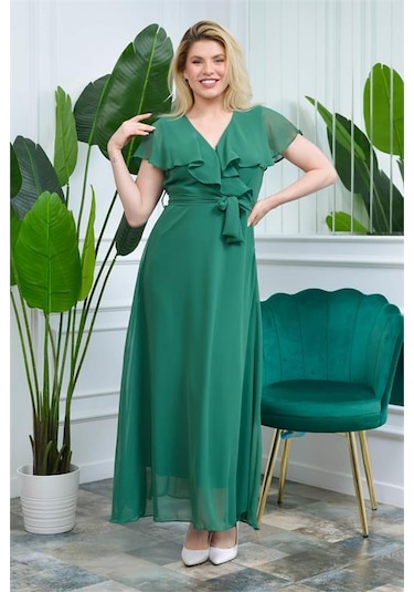 Neşeli Butik Kadın Yeşil Kruvaze Yaka Bağlama Detaylı Uzun Şifon Elbise Nb0001 Yeşil