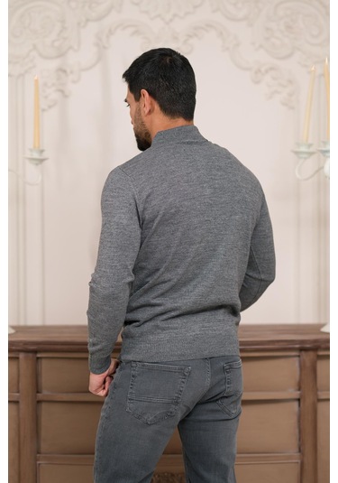 Woolen World Polo Yaka Slimfit Desenli Yünlü Erkek Triko Kazak Gri