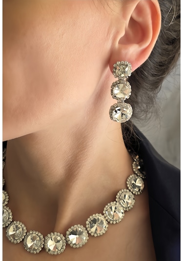 Riviere Kristal Taşlı Çiçek Model Şeffaf Renkli Kolye Küpe Set
