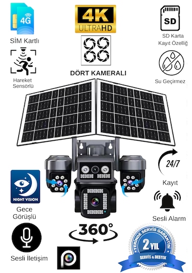Dört Kameralı Çift Solar Panelli 4g Güvenlik Kamerası