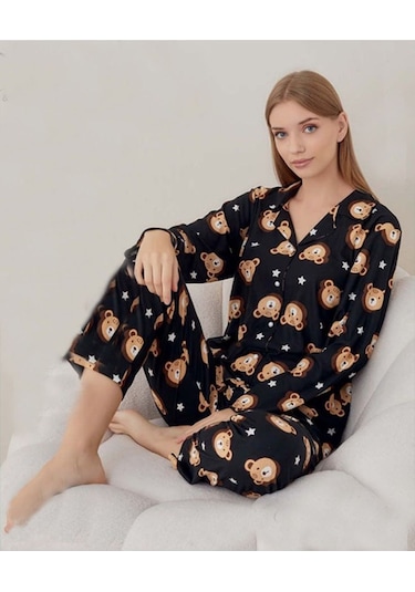 Lukitus Gömlek Yaka Ayıcık Desen Süet Kadın Pijama Takımı Luksüets Siyah