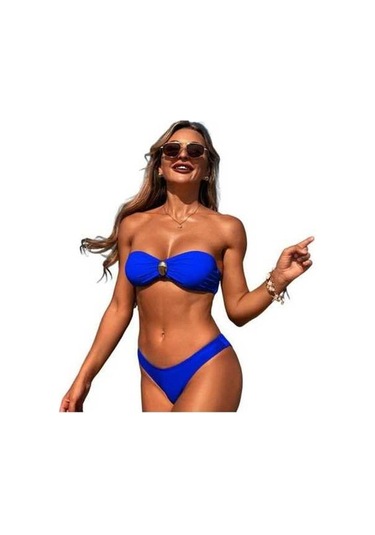 Yingfu 2 Adet/takım Kadın Mayo Seti, Yüksek Bel Bandeau Dolgulu Mavi Mavi