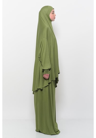 Pratik 2 Parça Pamuklu Yarasa Kollu Başörtülü Tesettür Namaz Elbisesi Fıstık Yeşili Antrasit