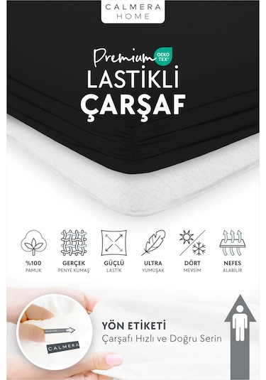 Calmera %100 Pamuk Penye Lastikli Çarşaf Tek Kişilik 90x190 - 100x200 - 120x200 Siyah