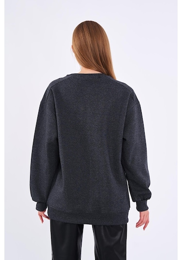 Comeor Antrasit Kadın Pamuklu Oversize Basic Bisiklet Yaka Sweatshirt 001