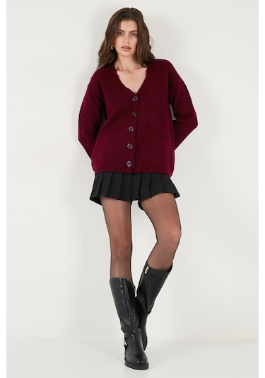 Lela Regular Fit V Yaka Düğmeli Triko Bayan Hırka 4616229 Bordo
