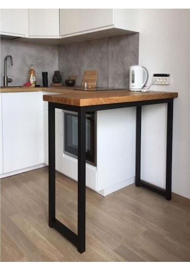 Umutpark Metal Ahşap Mutfak Bar Masası. Meşe - Siyah