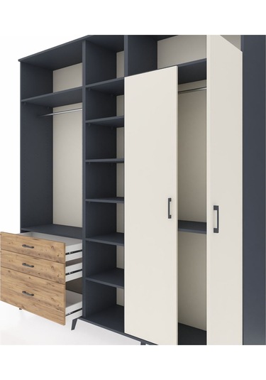 Hyperion Dolap 10 Raflı 3 Çekmeceli 2 Askılı 220x44x243 Antrasit-aytaşı/çam Aytası/atlas Çam