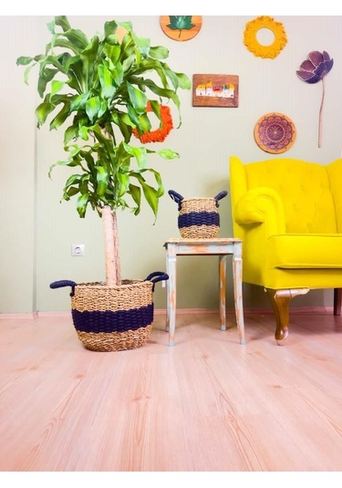 Bitki Tasarımı Düzenleyici Kulplu Siyah Şeritli Doğal Örgü Sepet İkili Set Büyük-küçük