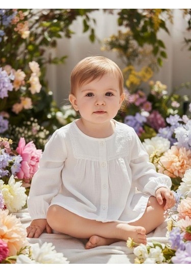 Kız Bebek Pamuklu Hakim Yaka Dokuma Gömlek-16357 Beyaz