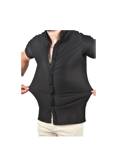 Deepsea Erkek Siyah Slim Fit Likralı Spor Gömlek Dar Kesim Jakar Kumaş Kısa Kol Gömlek 2500804 Siyah