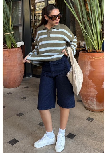 Haki Polo Yaka Çizgili Kadın Triko Kazak Mg2469 Haki