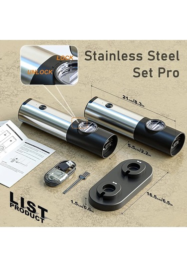 Myinkai 2pcs Usb Şarj Edilebilir Elektrikli Tuz Karabiber Gümüş - Siyah